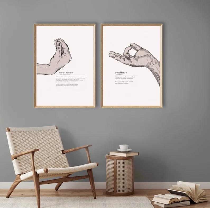 Italské tisky Vintage gesto držení za ruce Plakát Malba na plátně Italský mem Vtipné obrazy na zeď Domácí dekorace Dárek