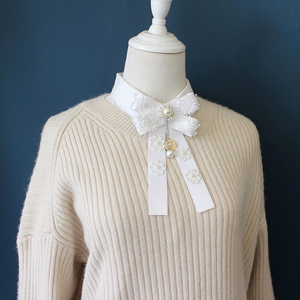 Fashion White Lace Ribbon Bow Ties Women's College Style Shirt Accessories Jewelry Gifts Rhinestone Pearls Collar Flower