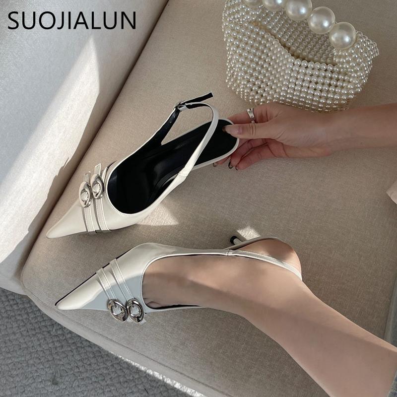 Fashion SUOJIALUN New Brand Women Sandal Fashion Buckle Pointed Toe Shallow Slip On Ladies Elegant Slingback Shoes Thin Low Heel Pumps