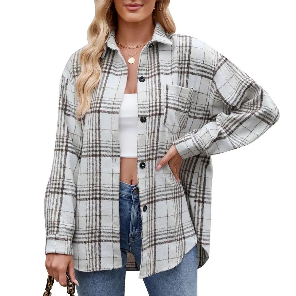 Plaid Button Flannel Woolen Single-breasted Shirt Autumn and Winter Women's Loose Contrasting Lapel Houndstooth