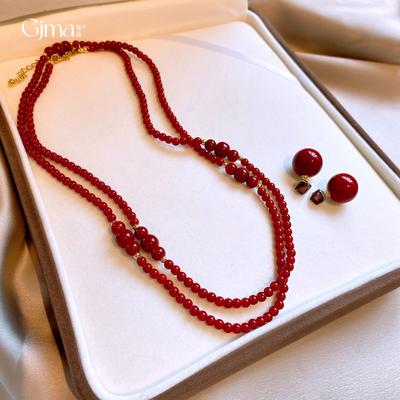 Collana girocollo con perline di vetro rosso Ankola catena lunga a strati per maglione collana retrò donna