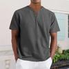Men's Casual V-Neck Short-Sleeve Shirt - Cotton Solid Color, Breathable Button-Up Top