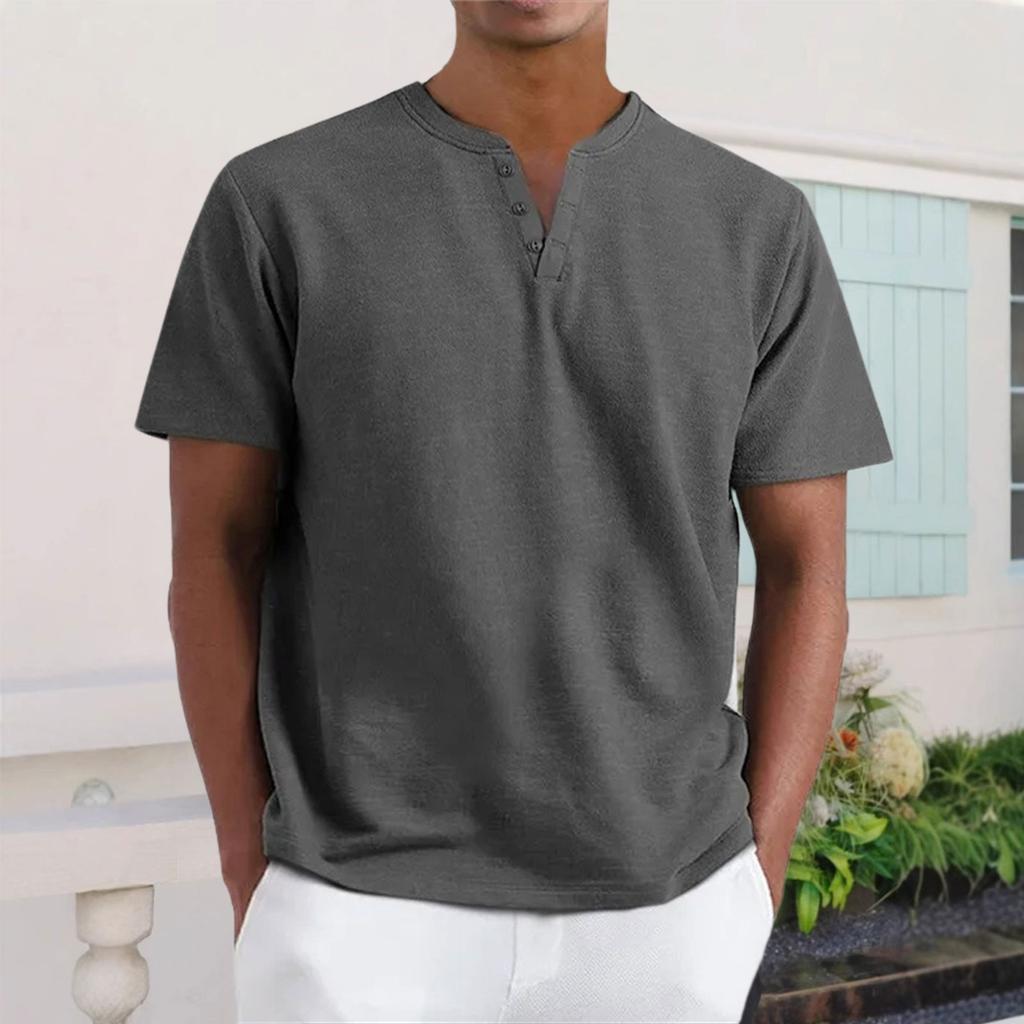Men's Casual V-Neck Short-Sleeve Shirt - Cotton Solid Color, Breathable Button-Up Top