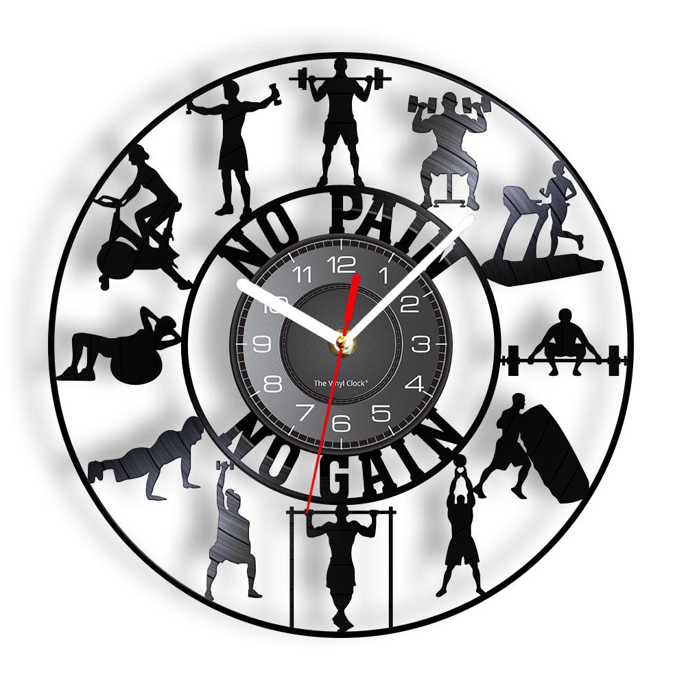 Workout Dumbbell Wall Clock No Pain No Gain Cross fit Motivation GYM Fitness Sign Wall Decor Vinyl Record Clock Gift For Him
