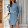 Vår höst enfärgad puffärm O-hals ledig lös miniklänning för kvinnor mode elegant elastiska klänningar kontorsdamklänning kvinna