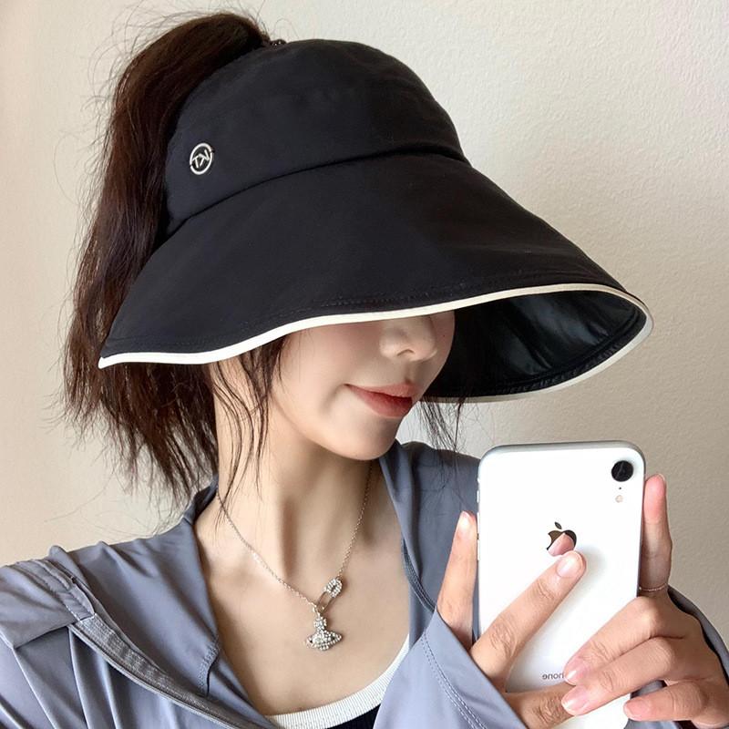 Trendy Brim Large Summer Hat For Women Uv Protection Black Sun Visor Cap