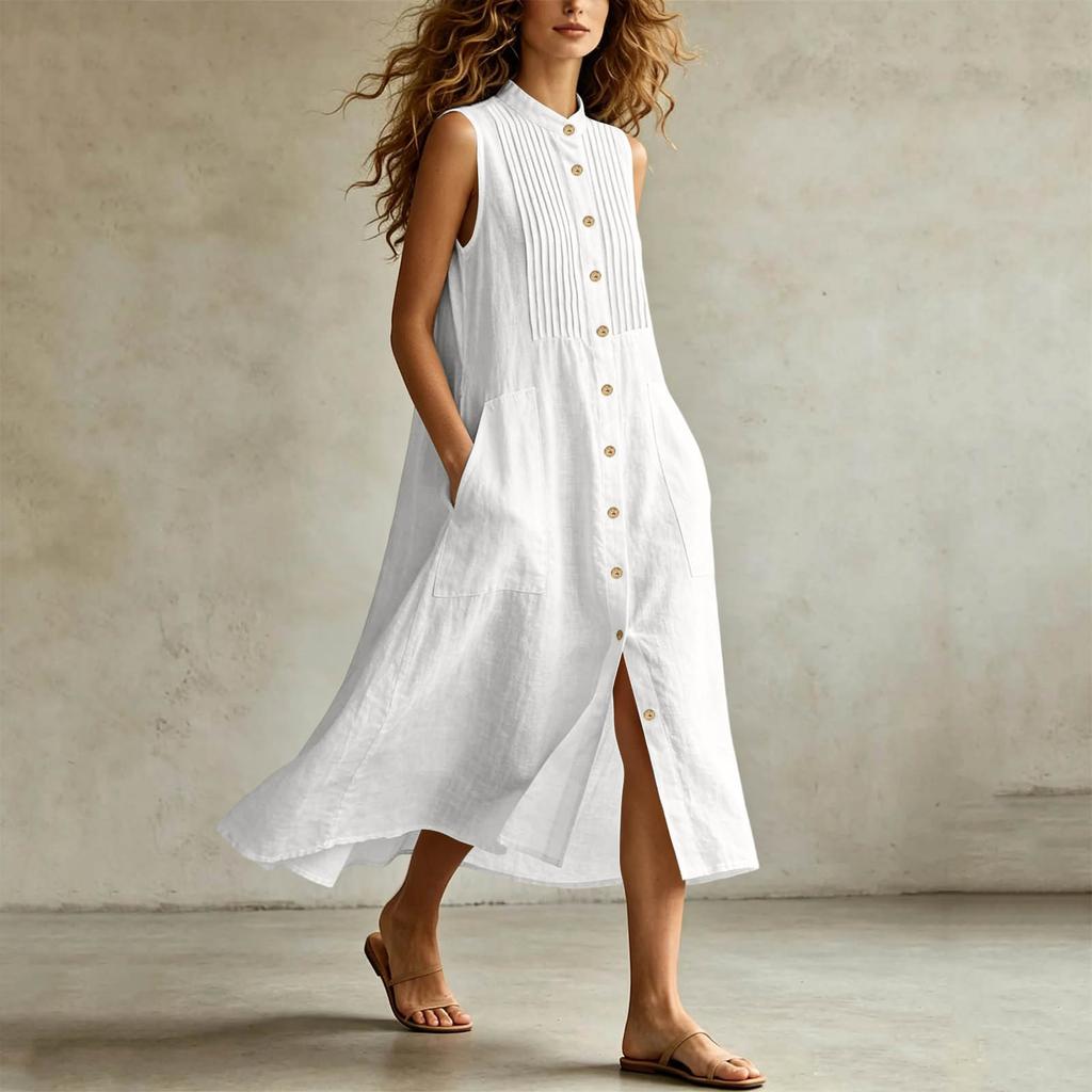 Women's Casual Sleeveless Button Front Color Neck Pocket Dress