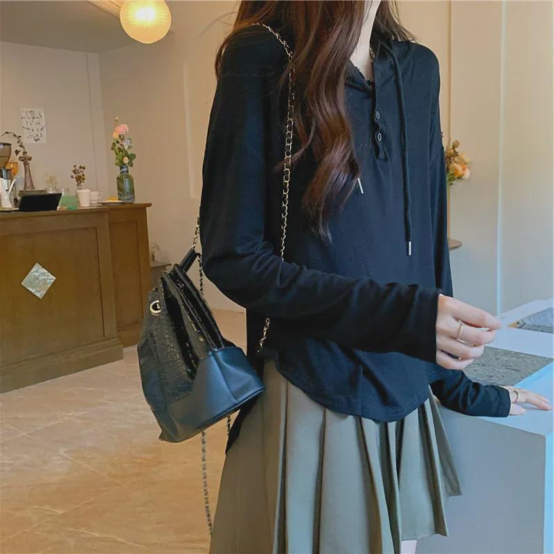 Dámské trendy tričko s dlouhým rukávem v jednobarevné variantě - Korejský styl pro jaro a podzim