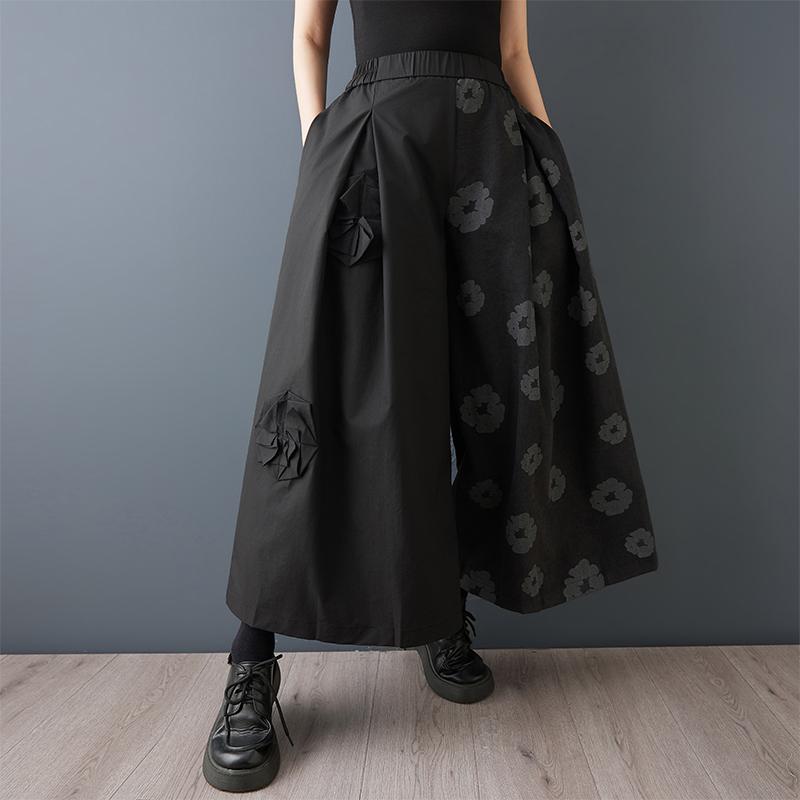 DIMANAF 2026 Plus Size Women New Long Pants Black Floral Loose Trousers Big Size Casual Spring Summer Bottoms Skirts