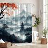 1Pc Tranquil East Asian Landscape Shower Curtain - Digital Painting Of Pagoda, Mountains, And Silhouetted Trees With Soft Peach