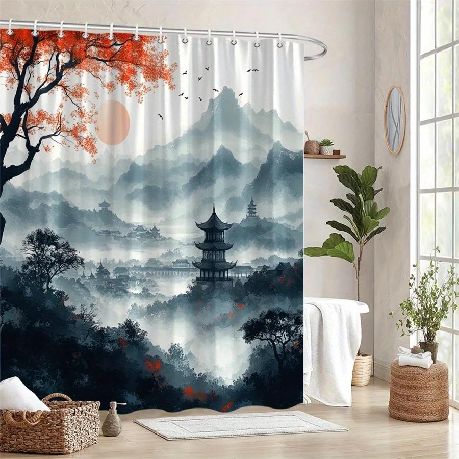 1Pc Tranquil East Asian Landscape Shower Curtain - Digital Painting Of Pagoda, Mountains, And Silhouetted Trees With Soft Peach
