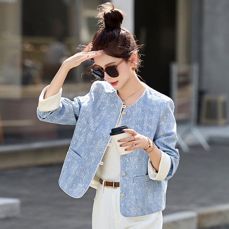 2025 Frühling Damen Retro Pailletten Rundhalsjacke HE5011