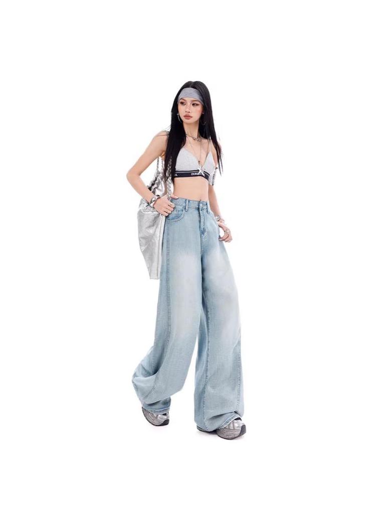 Versatile Loose Wide-Leg Denim Women's Pants - Slimming, Comfortable, Casual, Tall-Lengthening Patchwork for Spring
