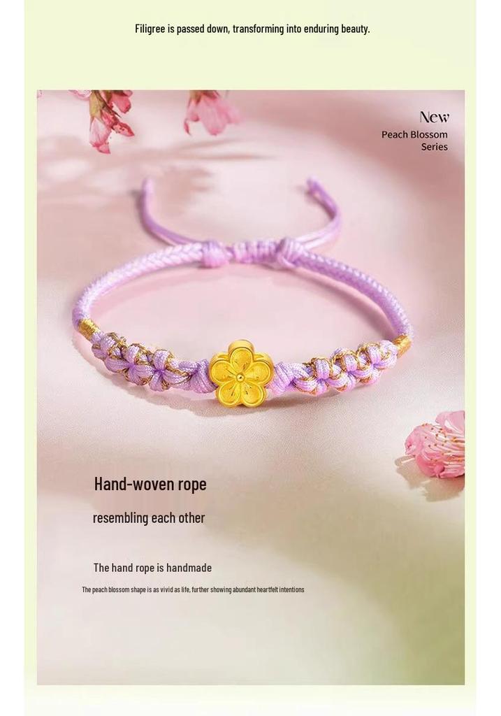999 Pure Gold Peach Blossom Bracelet with 3D Hard Gold Luck Bead and Cherry Blossom Red Hand Rope