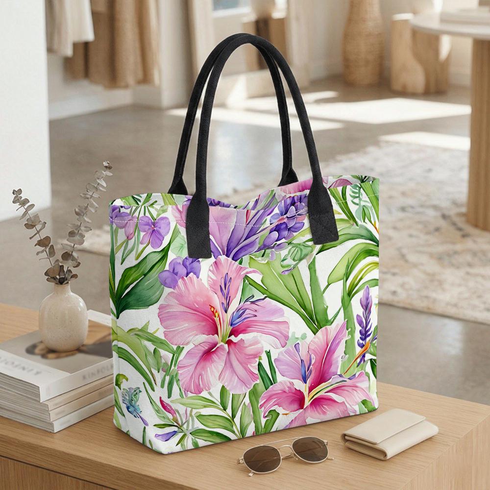  Floral Tote Bag Watercolor Tropical Print Large Capacity Casual Shoulder Bag for Shopping Beach Daily Use
