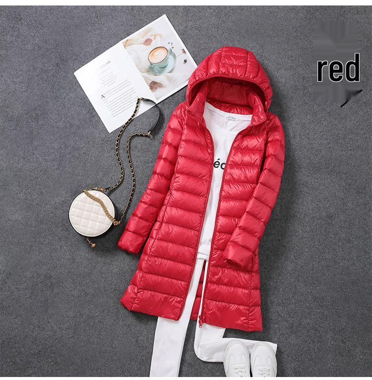 2024 Women's Lightweight Mid-Length White Duck Down Jacket, Korean Style, Slimming Design with Detachable Hood