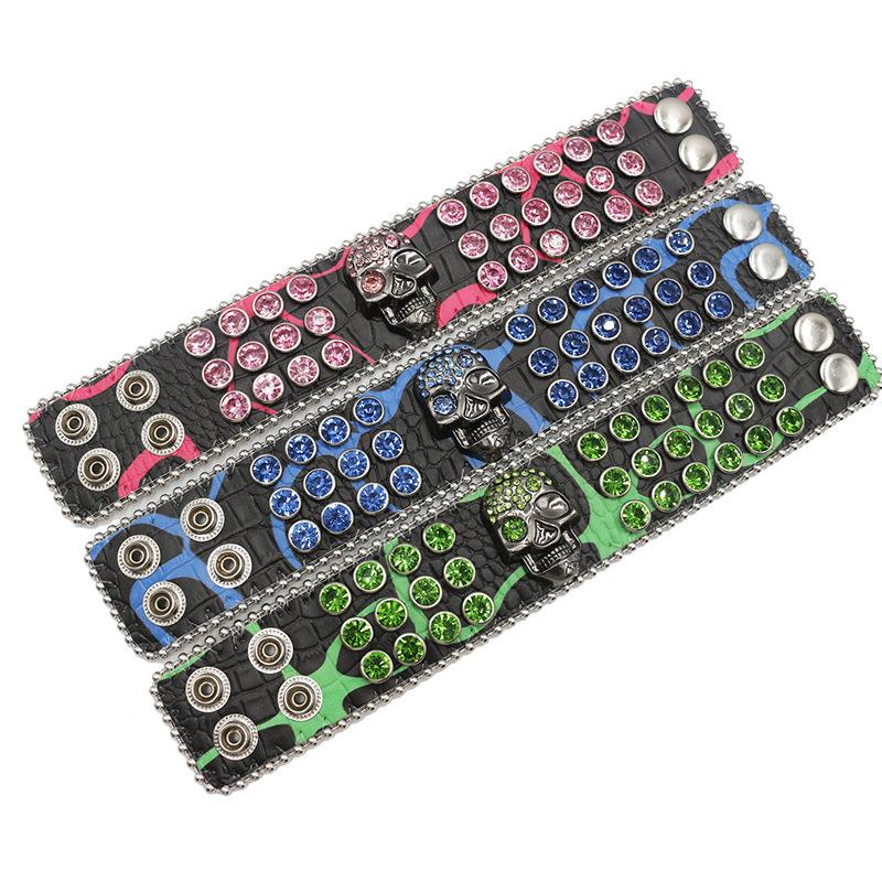 Skull Buckle Rhinestone Bracelet with Personality, Fashionable and Versatile PU Leather Bracelet, Hip-hop Punk Style with Full Personality
