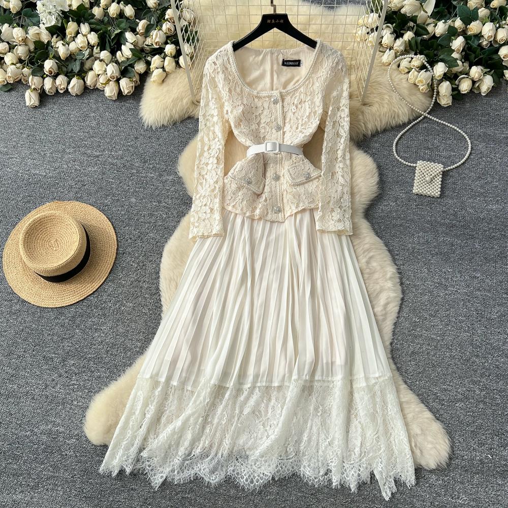 High-End Kleid für Damen im Herbst Französische Mode Spitze Langärmliges Patchwork Taillenbetonendes Plissiertes Langes Kleid