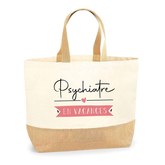 Sac jute - PLANETEE - Psychiatre en Vacances - Jute naturel imprimé - Poignées solides - Fabriqué en France