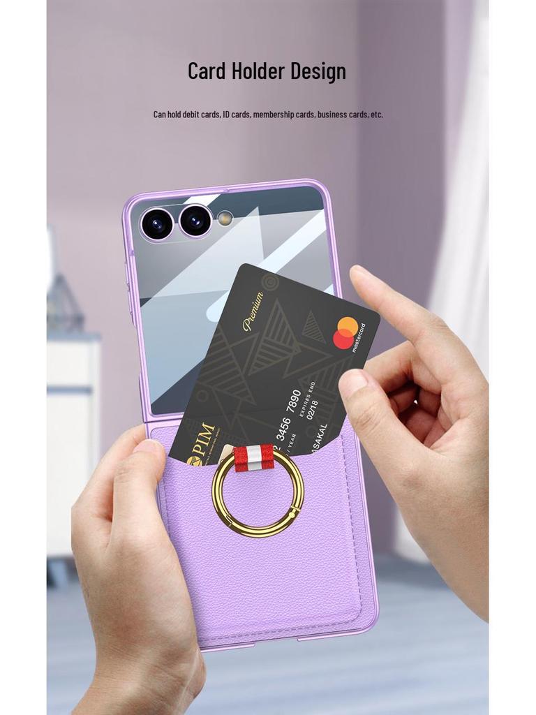 Samsung Z Flip7 Ultra-Thin Leather Case: Full Coverage, Card Holder, Ring, Anti-Drop Protection