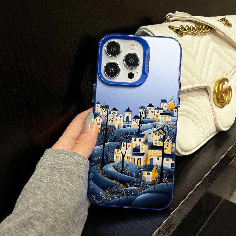 

Night Snow Mountain Forest Scenery Painted Phone Case For iPhone 16 15 14 Pro Max Plus 13 Mini 12 Pro Max Shockproof Laser Cover iphone 14