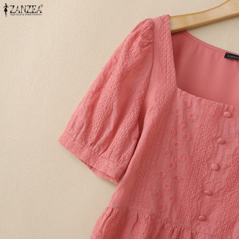 ZANZEA Women Square Collar Summer Embroidery Casual Short Sleeve Blouse