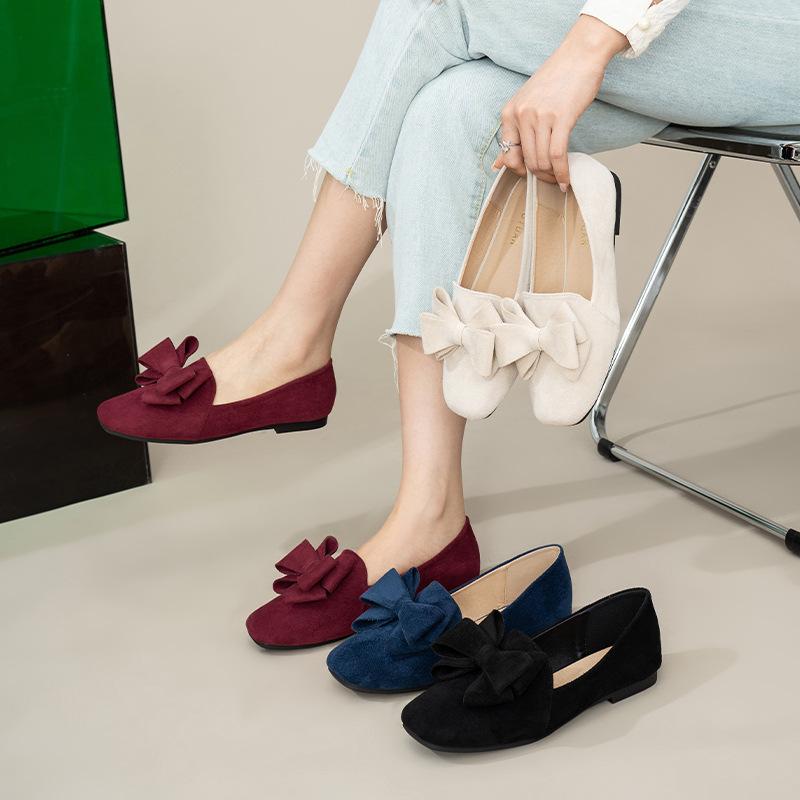 Fashion 2025 Spring Bowknot Flats Women Square Toe Ballerinas OL Ladies Office Dress Ballets Shoes Soft Velour Moccasines Femmes Loafers