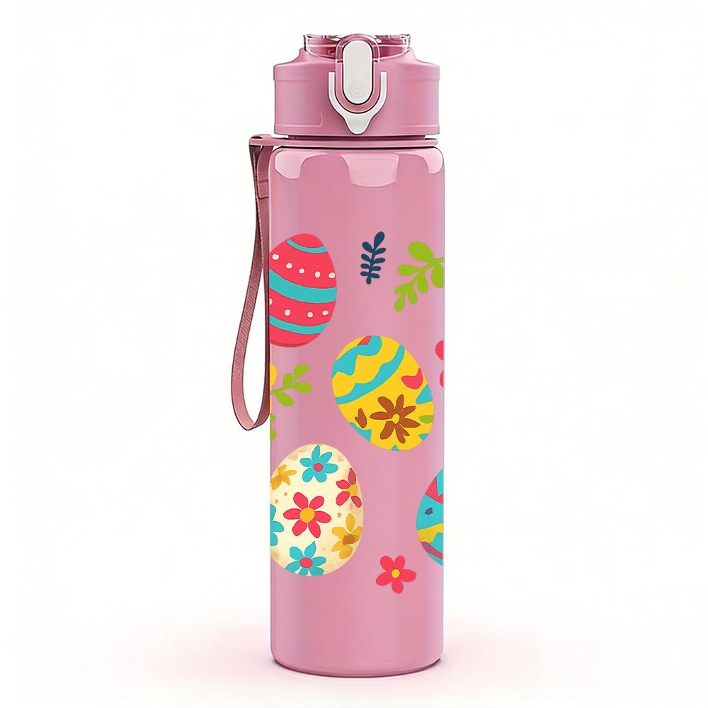 1PC Colorful Easter Egg Pattern Print 750ml Color Plastic Sports Water Bottle Leakproof Flip Straw Lid Suitable for Sports Office Home Use
