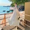 French white moonlight pendulum long dress summer seaside vacation collar suspender skirt super fairy