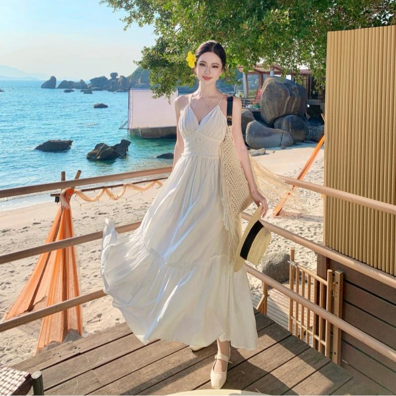French white moonlight pendulum long dress summer seaside vacation collar suspender skirt super fairy