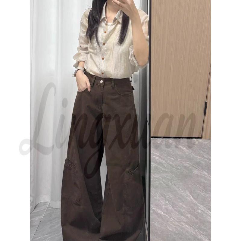 

Petite Coffee Workwear High-Waisted Wide-Leg Denim Jeans for Women - Spring Retro Gorpcore Pants XL