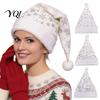 Snowflake Pattern Beanie Sequin Santa Hat for Adults, Plush Christmas with Faux Winter Cap Rabbit Fur Trim, Festive Xmas Party Headwear Men Women