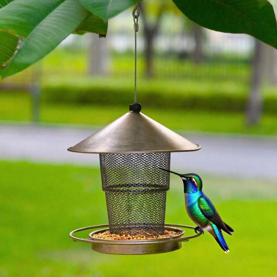 Bird Feeder with Rainproof Roof Metal Feeder Large Capacity Grain Storage Bin And Tray Feeder for Outdoor Garden Patio