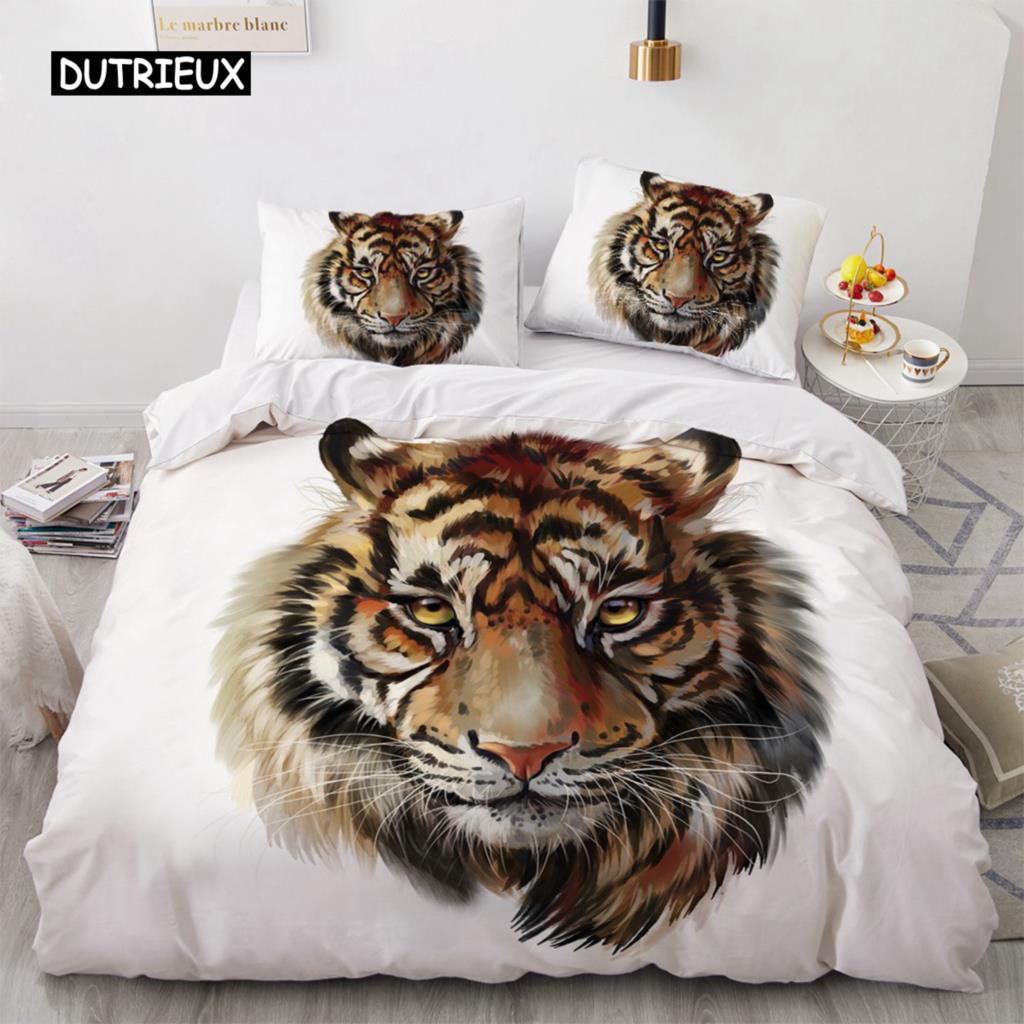 3D Bedding Set Black Duvet Quilt Cover Set Comforter Cover Pillowcase King Queen Size Animal Tiger Printed Polyester Quilt Cover