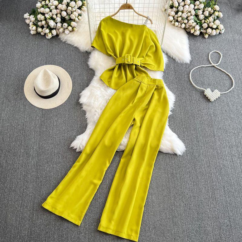 

Off-the-Shoulder Socialite Elegant Diagonal Collar Pants Fashion Suit Yellow One size
