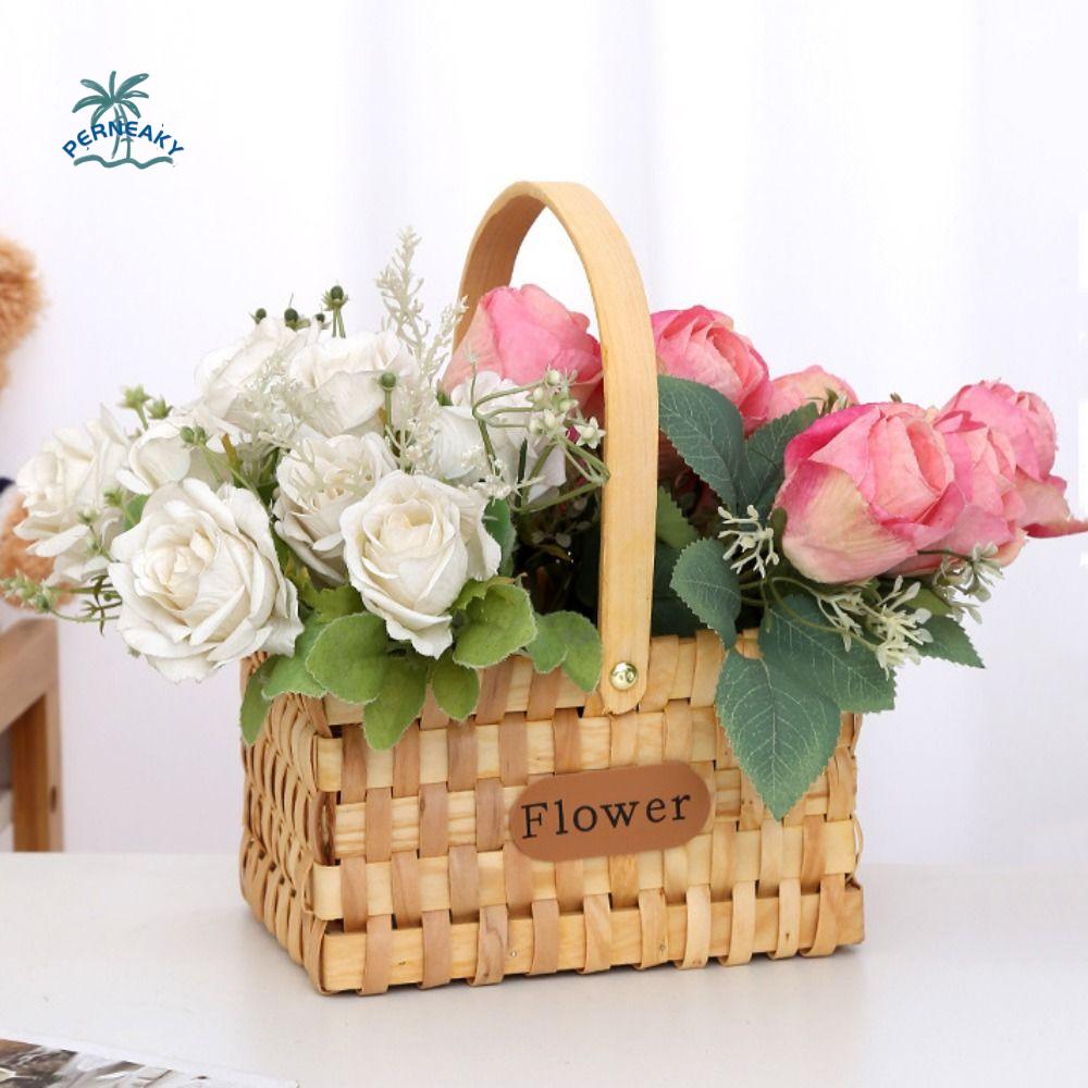 Rustic Style Handwoven Flower Basket with Handle Serving Basket Storage Basket Handmade Organizer Basket Home Organizer