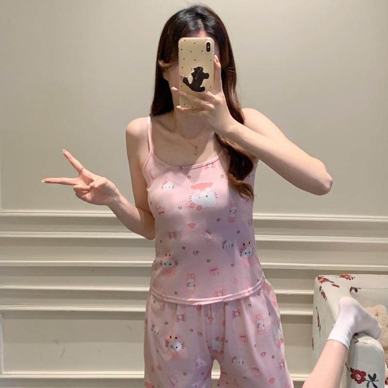 Women's Cartoon Camisole Tank Top Pajamas Set with Chest Pads - Summer Home Wear for Girls with Shorts