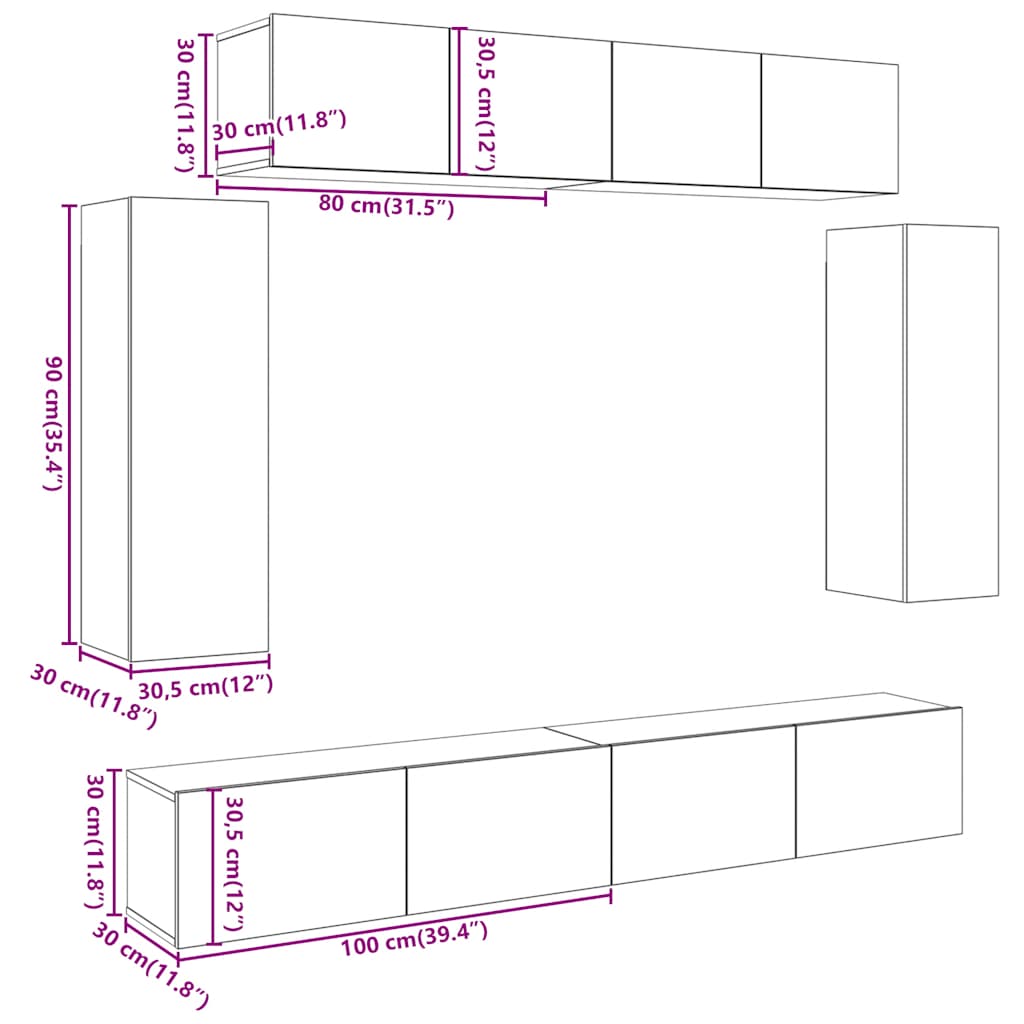 6 Piece Wall Mounted TV Cabinet Set Artisan Oak Particleboard