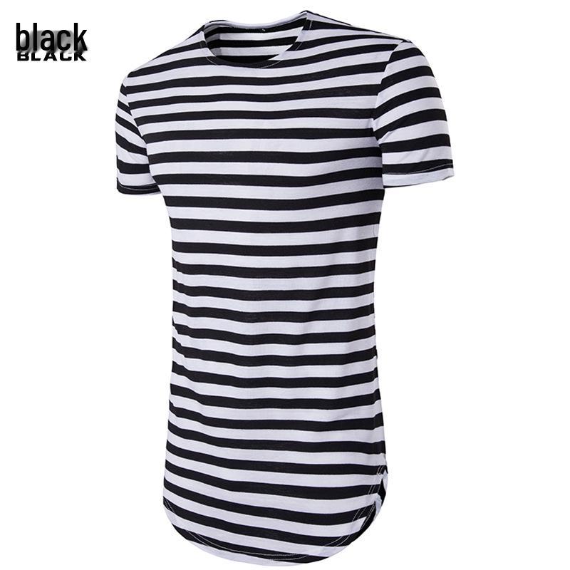 

Men s Summer Striped Longline Round Hem Short Sleeve T-shirt Extra Large чёрный