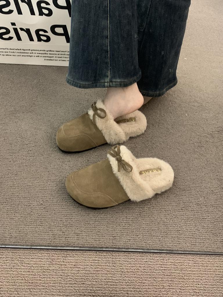 Soft Leather Version~ Frosted and Velvet Bag Head Boken Slippers for Women To Wear Autumn and Winter Muffin Thick-soled Evening Warm Cotton Shoes