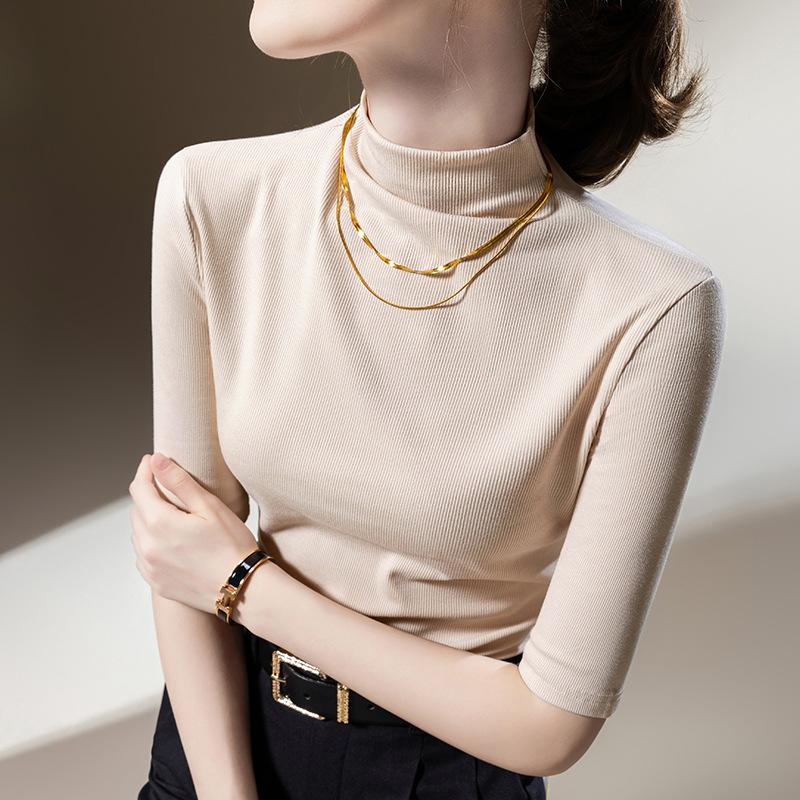 Neues Damen-T-Shirt mit halblangen Ärmeln für Damen Neues Damen-Unterhemd mit halbohem Kragen und taillierter Passform Fünf-Punkt-Ärmel Einfarbiges Oberteil