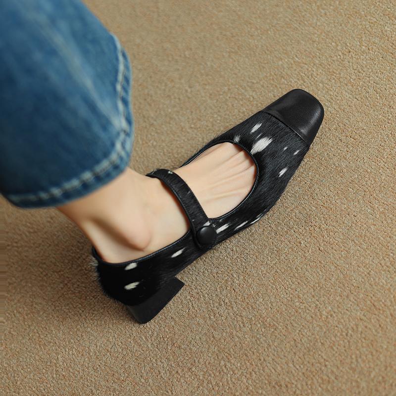 Fashion Large Size 34-41 Women's Horsehair Mary Jane Pumps 4cm Thick Low Heel High Quality Soft Comfortable Daily Shoes for Woman Sale