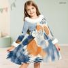 Girls High Neck Long Sleeve White Base Abstract Printed A Line Flared Dress With Fuzzy Trim And Bow