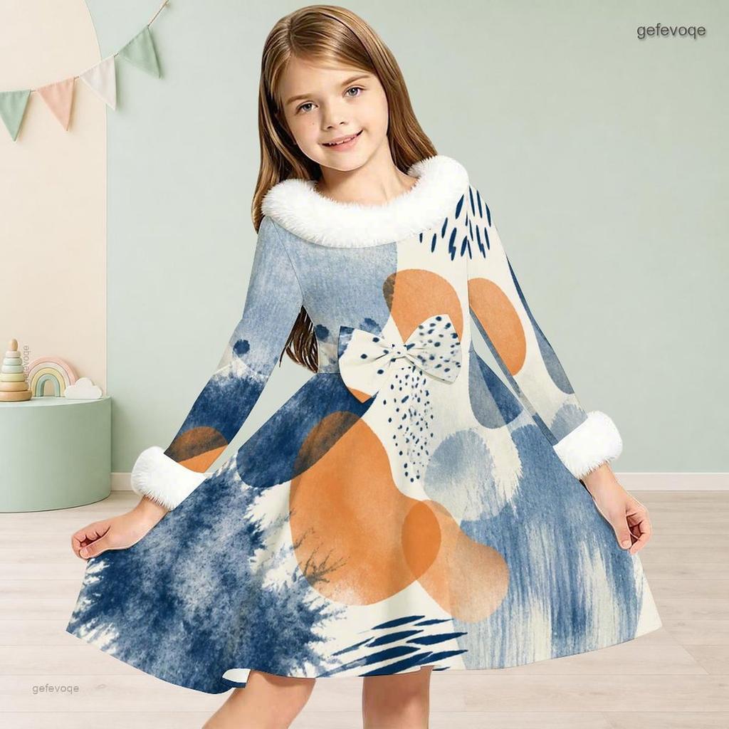 Girls High Neck Long Sleeve White Base Abstract Printed A Line Flared Dress With Fuzzy Trim And Bow