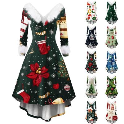 Women's Fashion V-neck Casual Slim Christmas Printed Party Long Sleeve Dresses Casual Dress