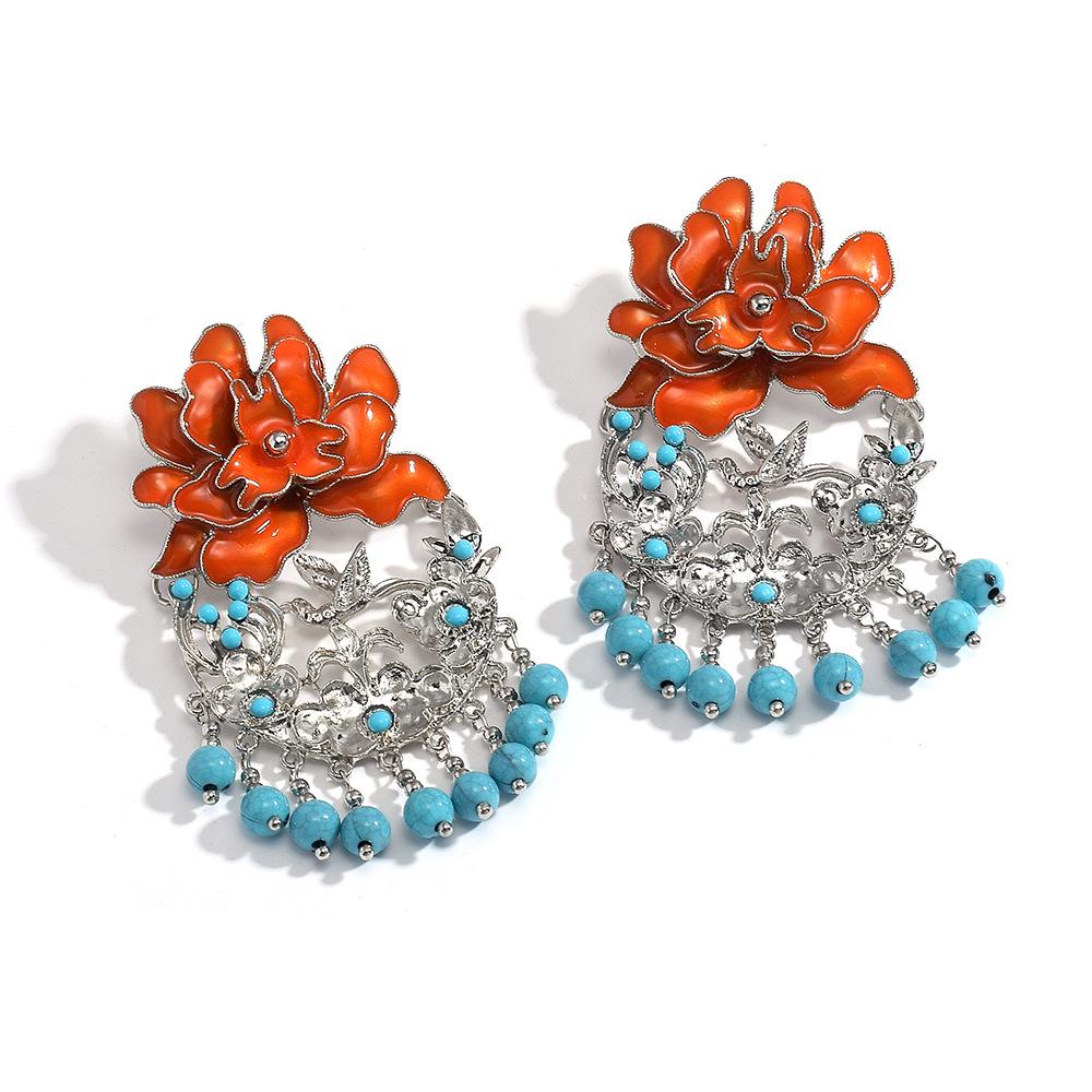Chinese Peony Tassel Earrings with Turquoise Beads and Color Contrast Drip Oil - Ethnic Style