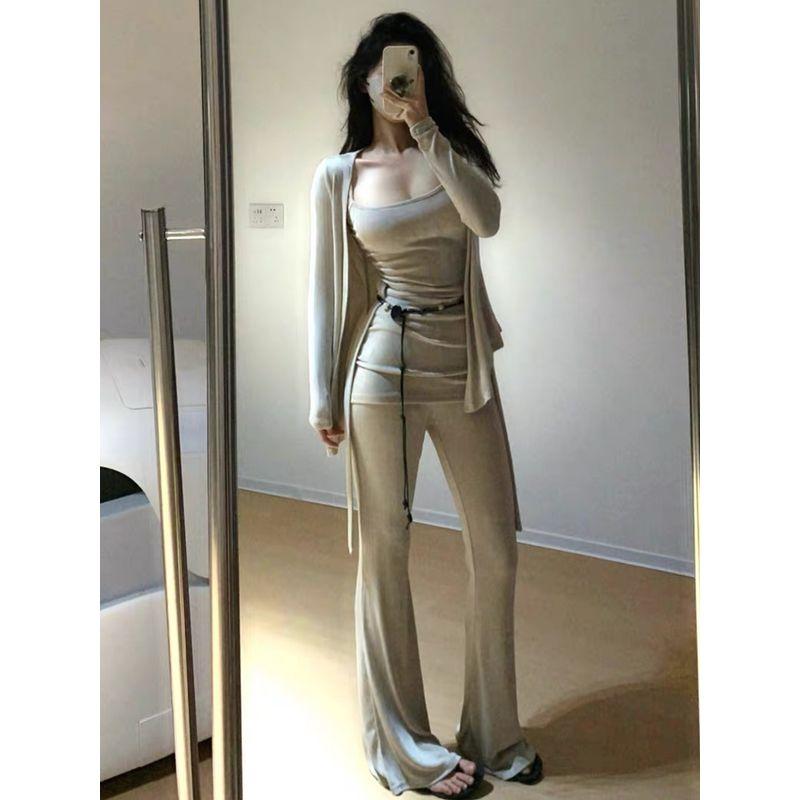 Super Beautiful Casual Gentle Suit Soft Glutinous Lazy Sling Vest Cardigan Loose Pants Three-Piece Set for Women New Arrival
