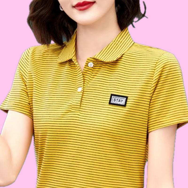 Lapel Polo Shirt New Summer Striped Short-sleeved T-shirt Women's Large Size Loose Casual Sports Top