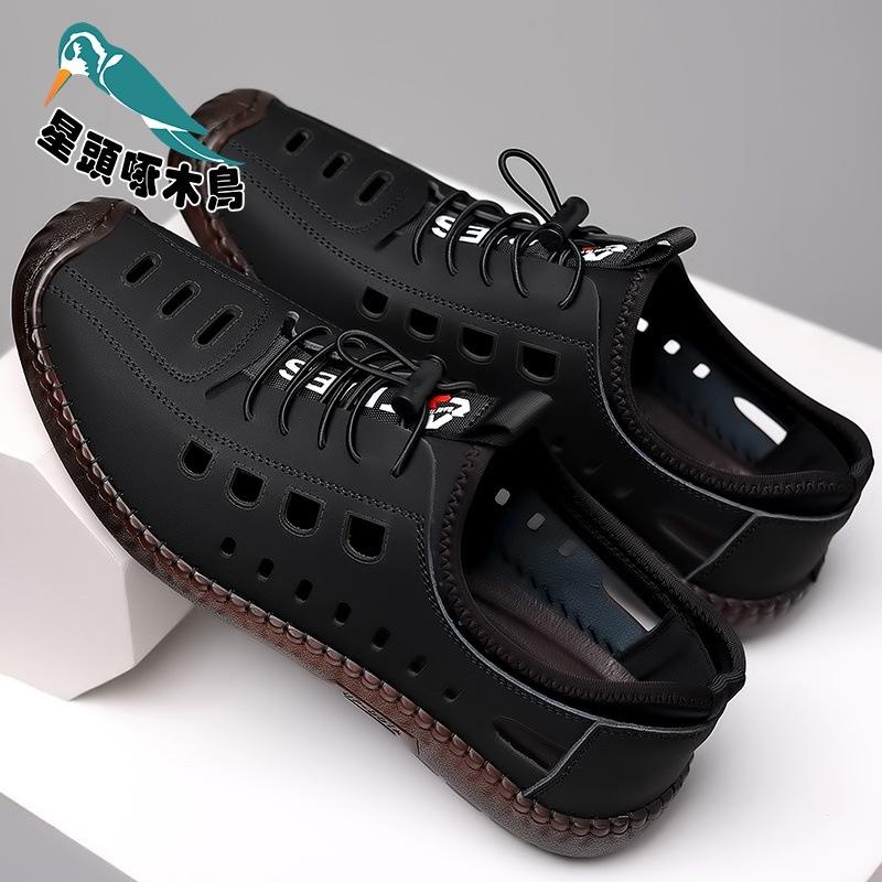 

Star-headed woodpecker leather cowhide men s sandals breathable hollow hole shoes beef tendon sole soft sandals 38