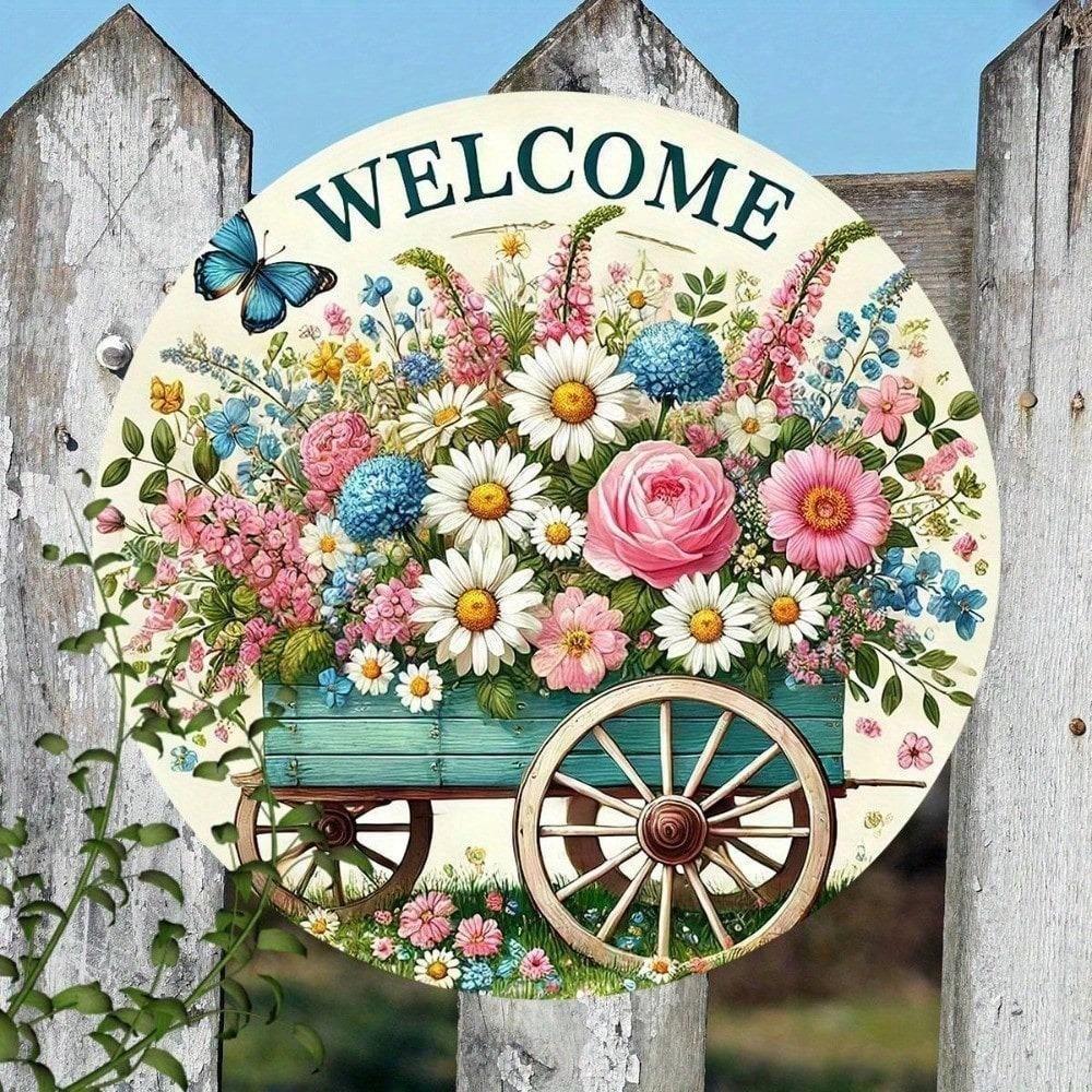VAGAAR 8 inch Round Vintage Metal Welcome Sign, Rustic Tin Plaque Weatherproof for Home Bar Garage Wall Decor